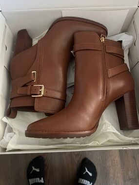 Lauren Ralph Lauren Brown Leather Ankle Boots with Gold Buckle